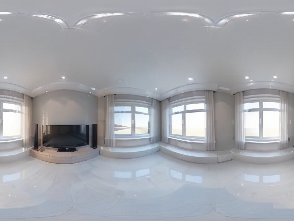Create a realistic VR360 image depicting the interior of a room, designed to seamlessly form a closed loop when viewed from left to right. The room should be styled with modern furniture and decor, featuring a coherent design that connects the imagery on both sides of the room. The lighting should be natural, with windows providing a view outside, adding depth and realism. This image should allow for a continuous, immersive 360-degree experience when viewed in VR. <lora:sanbaro:0.8>