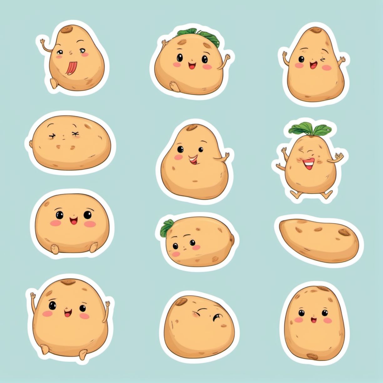 Cute socially awkward potato StickerSheet  <lora:SDXL-StickerSheet-Lora:1>, Very detailed, clean, high quality, sharp image, Eric Wallis