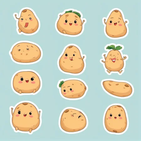 Cute socially awkward potato StickerSheet <lora:SDXL-StickerSheet-Lora:1>, Very detailed, clean, high quality, sharp image, Eric Wallis
