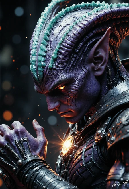 Extreme Dutch tilt, 35mm fisheye lens with pronounced barrel distortion, moderate motion blur on armor plating, deep f/4 depth of field. A close-up of a towering, purple-skinned alien with sharp, angular features and piercing orange eyes, set against a dark, starry background. The alien's elongated head is adorned with a series of jagged, turquoise-colored plates that resemble a dragon's scales, while its pointed ears are tipped with delicate, crystalline structures that refract and amplify the dim light. Its gaze is intense and unyielding, as if sizing up a potential threat. The alien's torso is clad in a suit of dark, metallic armor that is etched with intricate, circuit-like patterns, and its right arm is raised, as if grasping for something just out of reach. A faint, golden glow emanates from the alien's eyes, casting an otherworldly light on the surrounding darkness., l1n0c2t, fg<lora:CustomFlux/MysticRealism.safetensors:1.0000000000000002:1.0000000000000002> <lora:CustomFlux/MysticFantasy.safetensors:0.25000000000000006:0.25000000000000006> <lora:Flux/Linocut - s1 g4.safetensors:0.25000000000000006:0.25000000000000006> <lora:Flux/Stylized-Super-Texture.safetensors:0.5000000000000001:0.5000000000000001>