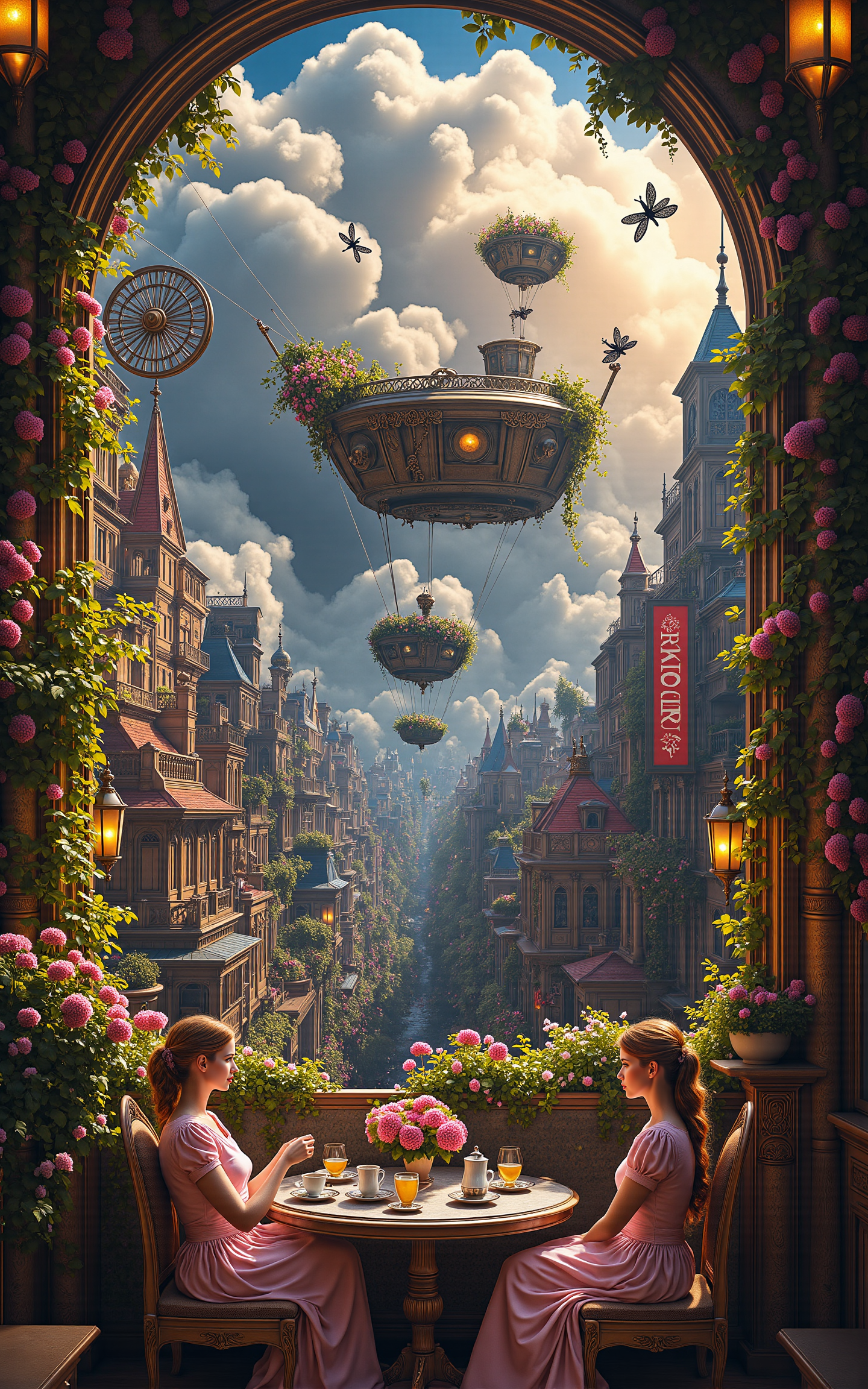 an ornate floating airship garden where Victorian ladies in pastel dresses sip tea surrounded by potted flowers and hovering brass dragonflies,view opens up to reveal an immense gear-filled city below,steam rising between rooftops,glowing signs and rotating cogs creating rhythmic shadows,vibrant lighting with backlit clouds,vivid storybook style,
<lora:aidmaMJ6.1v0.4:0.6>,aidmaMJ6.1,<lora:detailifier_sd3.5:0.8>,detailifier,