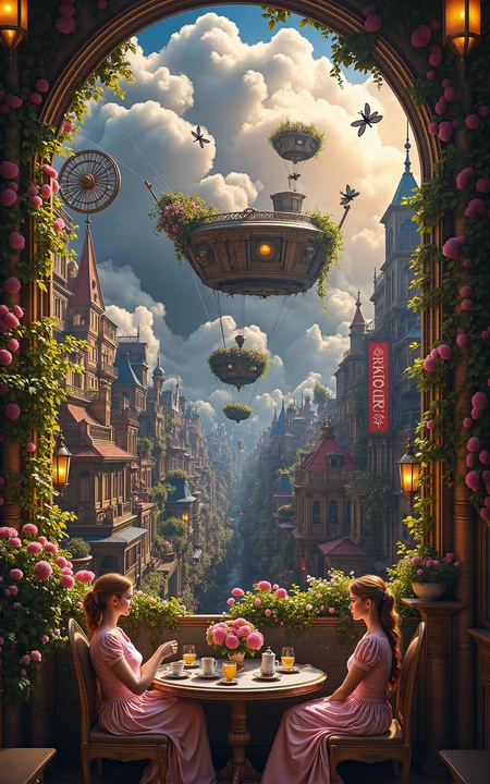 an ornate floating airship garden where Victorian ladies in pastel dresses sip tea surrounded by potted flowers and hovering brass dragonflies,view opens up to reveal an immense gear-filled city below,steam rising between rooftops,glowing signs and rotating cogs creating rhythmic shadows,vibrant lighting with backlit clouds,vivid storybook style,
<lora:aidmaMJ6.1v0.4:0.6>,aidmaMJ6.1,<lora:detailifier_sd3.5:0.8>,detailifier,