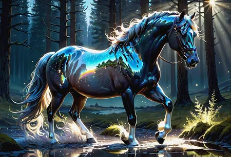 close up, full body, portrait, art by Greg Rutkowski, Very Beautiful, shadow art, Starlight horse, fantasy, magnificent, translucency, depth of fields, forest, rainy, puddle, beautiful lighting, blowing, Broken Glass effect, no background, stunning, something that even doesn't exist, mythical being, energy, molecular, textures, iridescent and luminescent scales, breathtaking beauty, pure perfection, divine presence, unforgettable, impressive, breathtaking beauty, Volumetric light, auras, rays, vivid colors reflects, depth of field in the style of artists such as artgerm, WLOP at Studio Ghibli Genshin.