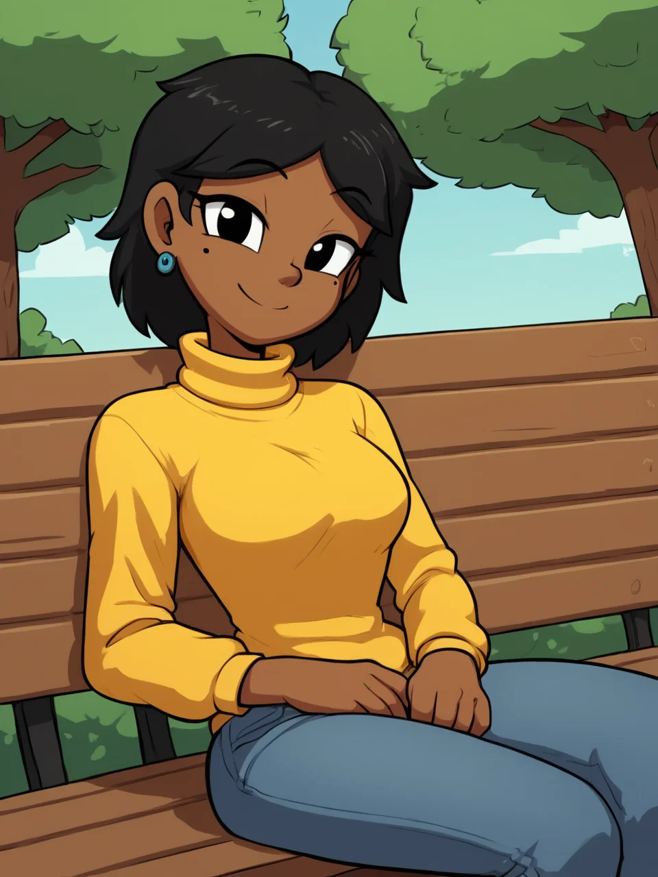 score_9, score_8_up, score_7_up, score_6_up, BREAK, 0al3r1e, 0al3r1e, 1girl, solo, smile, black hair, black eyes, medium breasts, dark-skinned female, dark skin, earrings, mole under eye, yellow sweater, turtleneck, jeans, sitting on a bench, in the part, tree, looking at viewer, smile <lora:Valerie:0.9>
