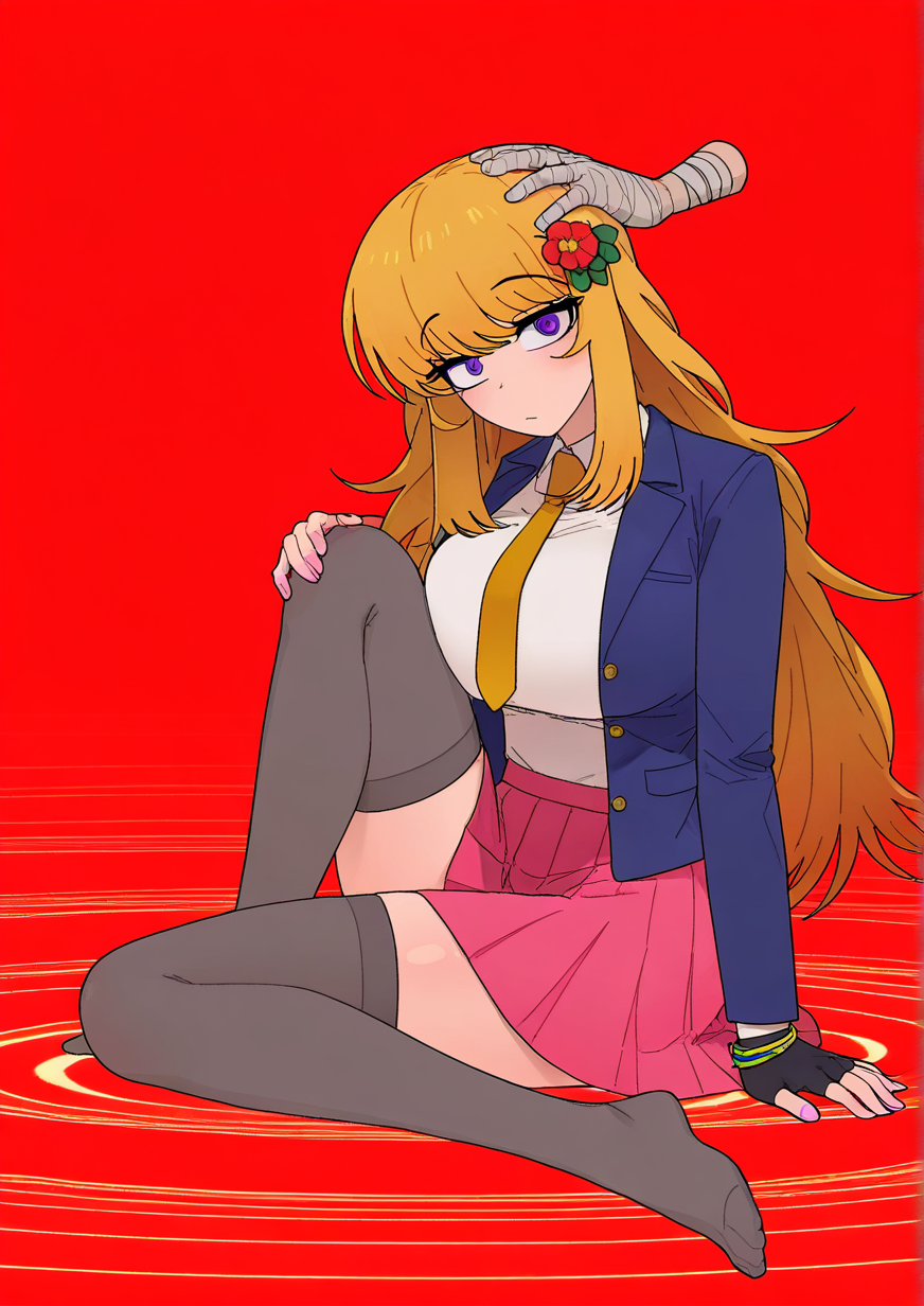 <lora:nakta:1>,1girl, chidouin sara, ibushi gin, kageyama ranmaru, kizuchi kanna, mishima kazumi (kimi ga shine), satou kai, shinogi keiji, tazuna joe, yabusame alice, yabusame reko, huge breasts, animal hands, bandaged arm, bandages, black gloves, blazer, blood, blue jacket, bracelet, closed mouth, collar, collared shirt, disembodied limb, distortion, expressionless, fingerless gloves, flower, full body, gloves, grey thighhighs, hand on another's head, hand on own knee, holding another's hair, hourglass, jacket, jewelry, knee up, long hair, long sleeves, looking at viewer, necktie, orange hair, paw gloves, pink skirt, purple eyes, red flower, shirt, skirt, solo, thighhighs, weibo logo, weibo username, white shirt, yellow necktie, very awa, masterpiece, best quality, newest, highres, absurdes,amazing quality