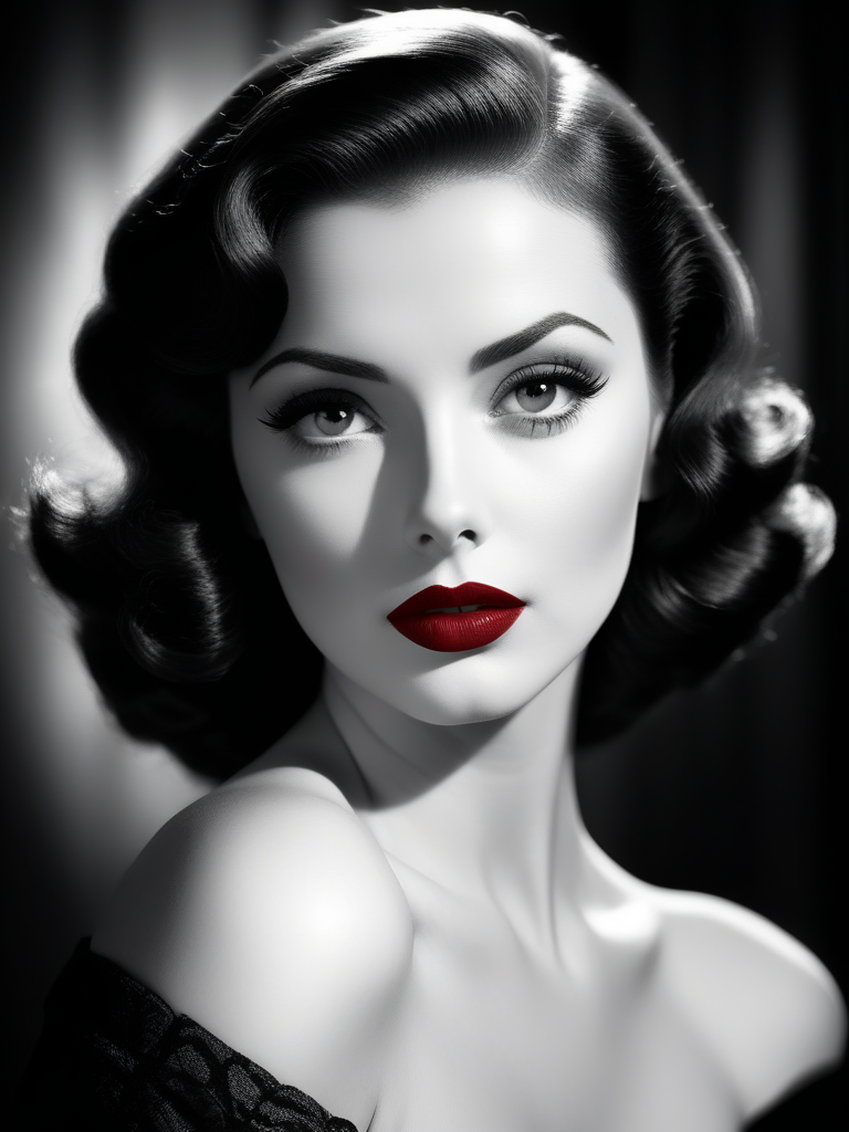 film noir style, woman, red lips, highly detailed, sharp focus, ultra sharpness, monochrome, high contrast, dramatic shadows, 1940s style, mysterious, cinematic