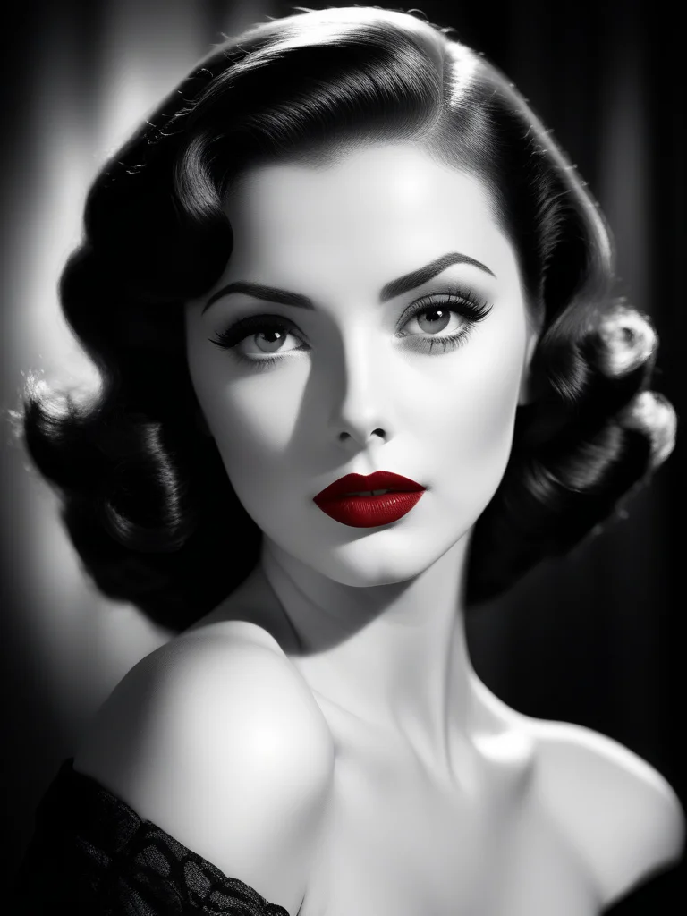 film noir style, woman, red lips, highly detailed, sharp focus, ultra sharpness, monochrome, high contrast, dramatic shadows, 1940s style, mysterious, cinematic