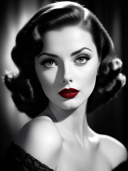 film noir style, woman, red lips, highly detailed, sharp focus, ultra sharpness, monochrome, high contrast, dramatic shadows, 1940s style, mysterious, cinematic