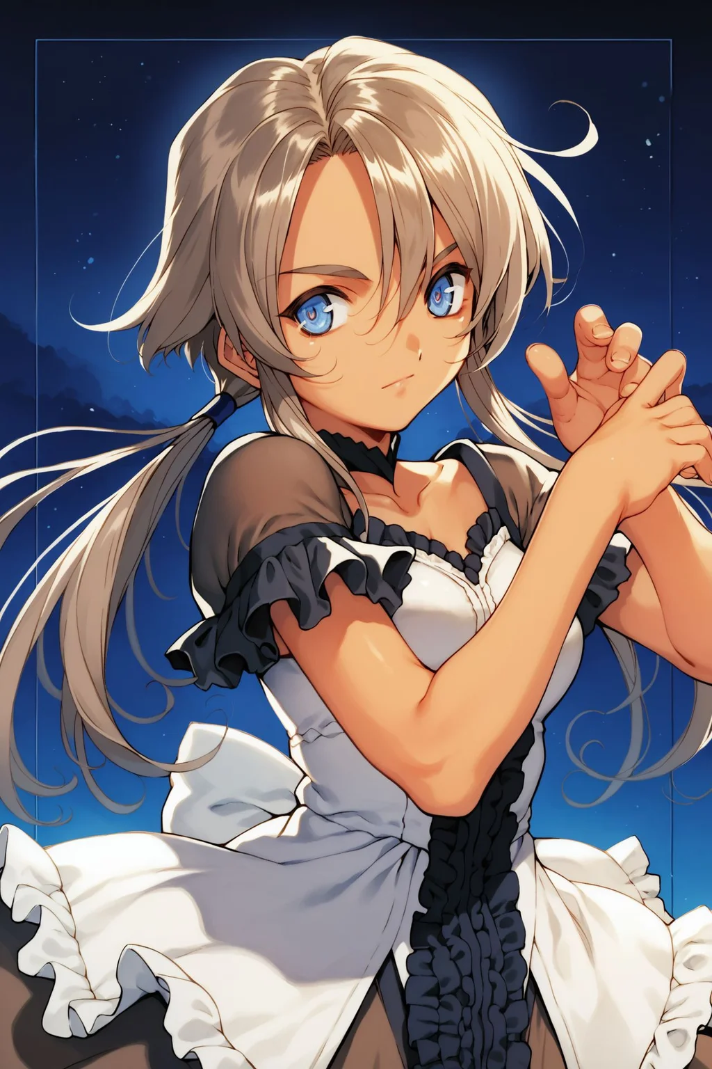 score_9, score_8_up, score_7_up, 1girl, skinny female, brown skin, dancing, pupils sparkling, bronze hair, textured bangs, low twintails, dark blue eyes, medium breasts, black frilled dress, floral background, foggy atmosphere <lora:fujishima_kousuke_PonyXL_style_v01:1>
