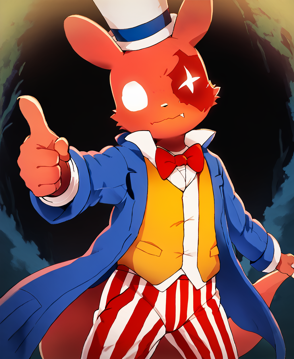 score 9, score 8 up, score 7 up, score 6 up, forest BREAK
<lora:ArtificerV1.3:1> artificerslugcat, no pupils, solo, <lora:uncle_sam_v01:0.4> uncle sam, red vertical-striped pants, blue tailcoat, white top hat, yellow vest, (blue hat band with stars:0.5), white shirt, (black boots:0.5), red bowtie, boot clips, pointing finger at viewer, looking at viewer
<lora:Dagashi_Artist_Style_PonyXL:1>