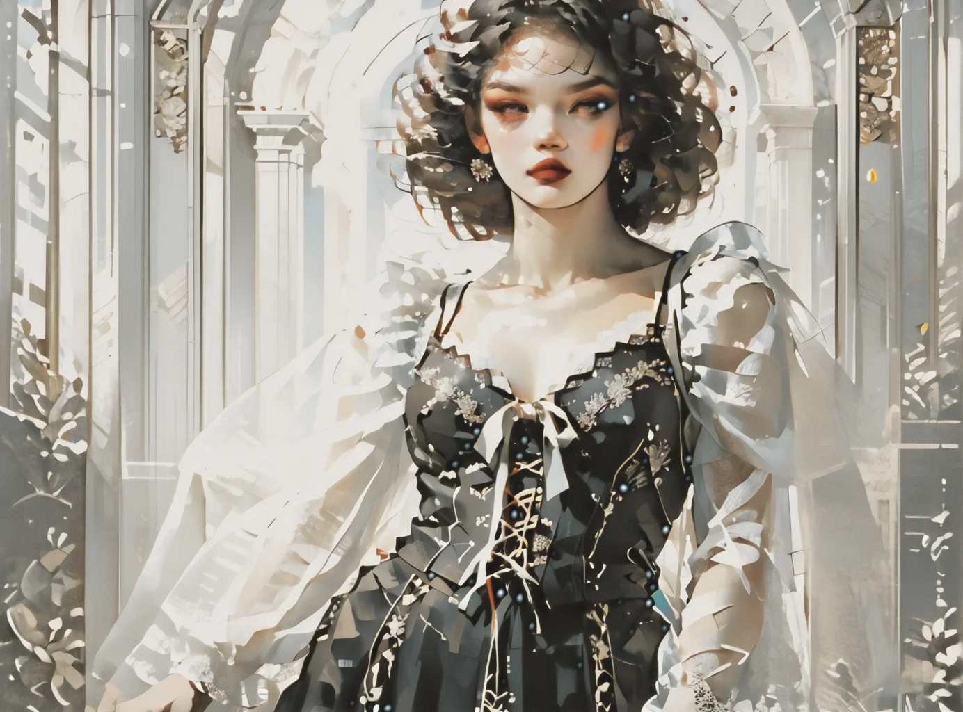 score_9, score_8_up, score_7_up, character portrait, angled, woman, pale skin, large breasts, <lora:sm0k3XLP:1>, <lora:goth_clothes:1>, (skirt(side lace-up corset, black skirt)), Shoulder length hair, unnatural haircolor, <lora:art_deco_v4_pony:1>, <lora:Dark_Retro_Scifi_Aesthetic:1>,