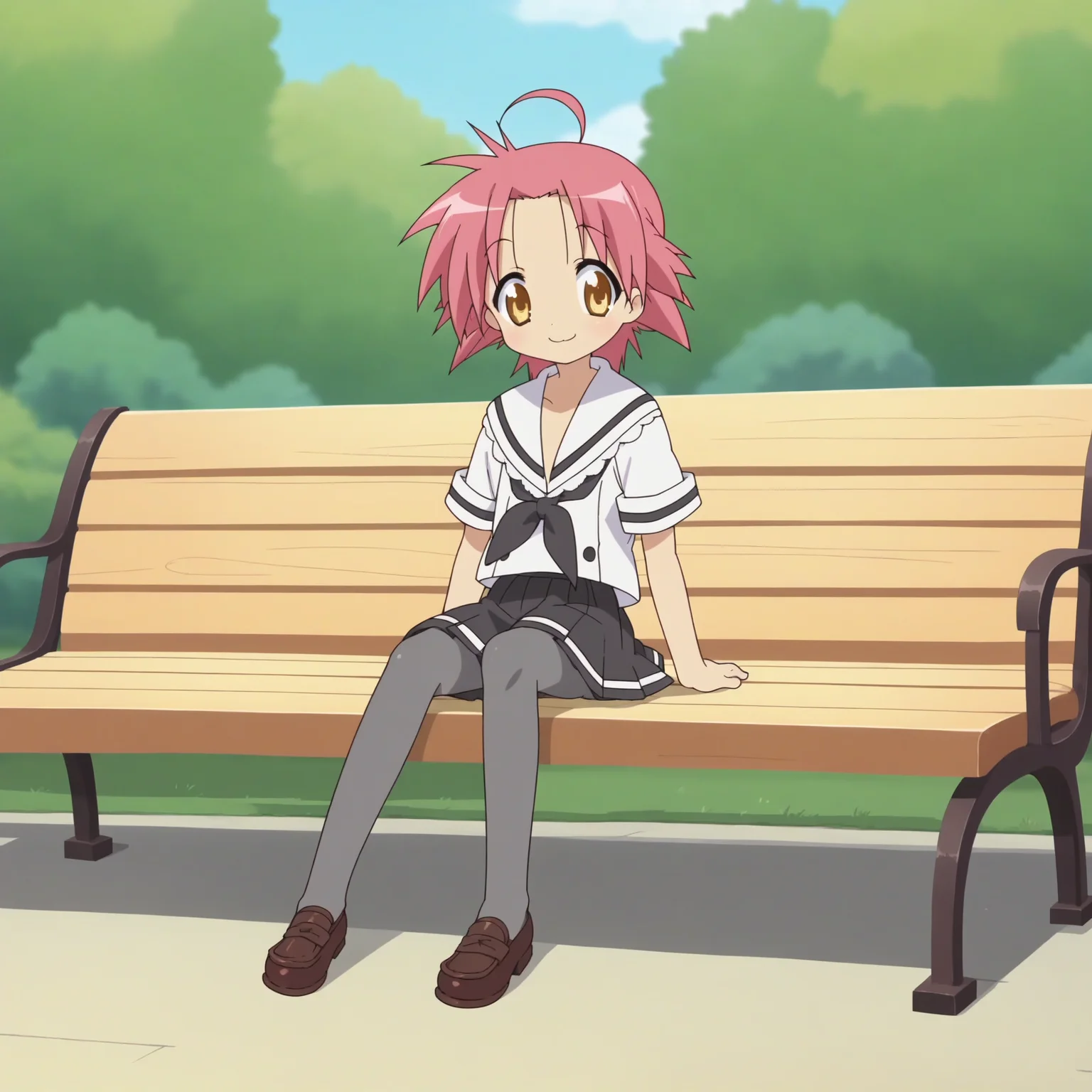 score_9, score_8_up, score_7_up, score_6_up, score_5_up, score_4_up , anime coloring ,BREAK source_anime, anime,screencap,
1girl, solo, lsakira, black skirt, school uniform, grey pantyhose, short sleeves, brown loafers, <lora:PonyXL LS Akira V1:1>
outdoors, park, bench, sitting on bench, trees, bush,
smile, cheerful, looking at viewer,