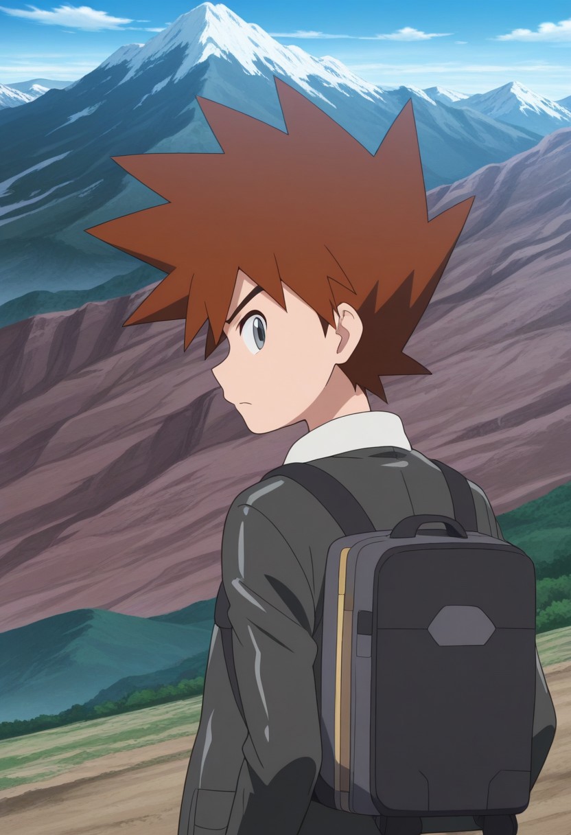 masterpiece,best quality,amazing quality, source_anime, 
shige_jou, 1boy, male focus, solo, grey eyes, brown hair, spiked hair, shirt, white shirt, collared jacket, jacket, black jacket, backpack, from back, looking back,
outdoor, mountains,