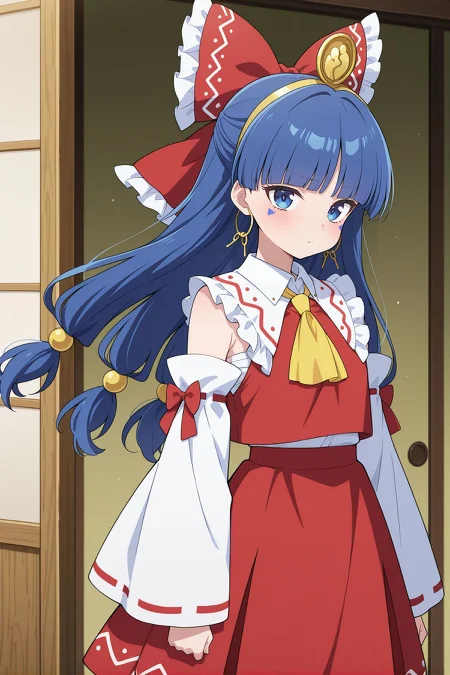 absurdres, highres, masterpiece, best quality, amazing quality, official anime artwork, screencap, anime screencap, 
 <lora:Nareko-Michigami_Illustrious:1> michigami nareko, 1girl, solo, blue eyes, blue hair, low-tied long hair, blunt bangs, triangle facial mark,, gold headdress, hair ornament, hoop earrings,  <lora:Reimu-Hakurei_IllustriousV2:0.5> hakurei reimu (cosplay), hair bow, hair tubes, frilled bow, yellow ascot, red shirt, ribbon-trimmed detached wide sleeves, red skirt,