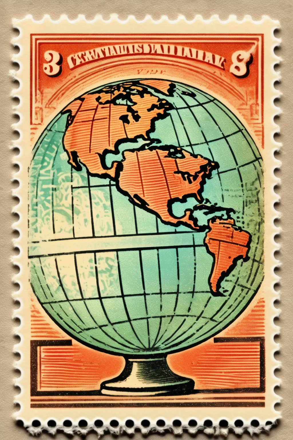 <lora:Vintage Postage Stamps:1>Vintage Postage Stamps - graphic element of a stamp with a world globe