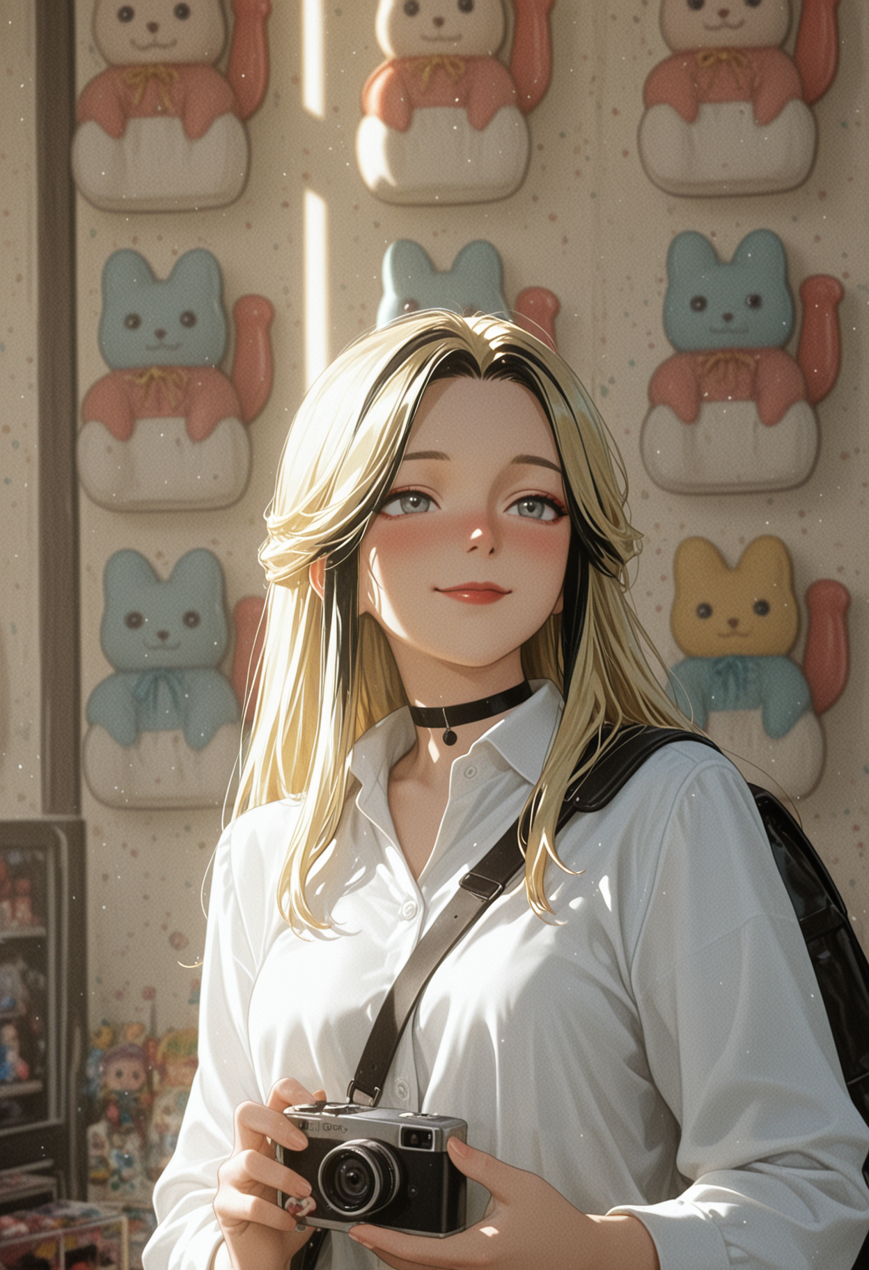 masterpiece, best quality, anime coloring, 
1girl, solo, blonde haor, long hair, (black highlights), grey eyes, detailed eyes, red lips, slight blush, nose blush, black choker, collared shirt, white shirt, long sleeves, open collar, holding camera, crossbody bag, toy store, smile, sidelighting, shading, shadows, depth of field,