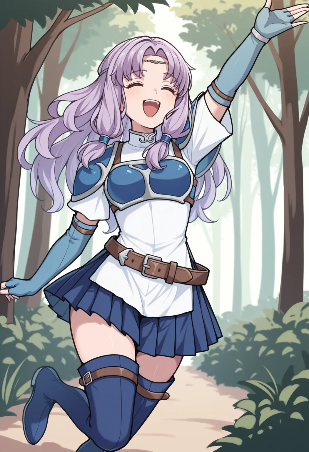 masterpiece, best quality, <lora:NSFlorina:1> NSFlorinaFEH, thigh boots, blue footwear, blue skirt, pleated skirt, skirt under dress, belt, short dress, white dress, blue breastplate, blue pauldrons, short sleeves, blue fingerless gloves, elbow gloves, high collar, circlet, parted bangs, long hair, light purple hair, low-tied sidelocks, jump, one arm up, happy, open mouth, forest