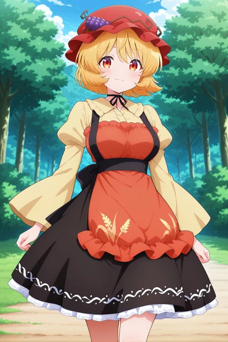 absurdres, highres, masterpiece, best quality, amazing quality, official anime artwork, screencap, anime screencap, outdoors, looking at viewer, light smile, dynamic pose, standing,
<lora:Aki-Minoriko_Illustrious:1> aki minoriko, 1girl, yellow eyes, blonde hair, short hair, medium breasts,, red hat, mob cap, grape hat ornament, black neck ribbon, yellow shirt, long sleeves, wide sleeves, juliet sleeves, collared shirt, black skirt, petticoat, frilled apron, red apron,