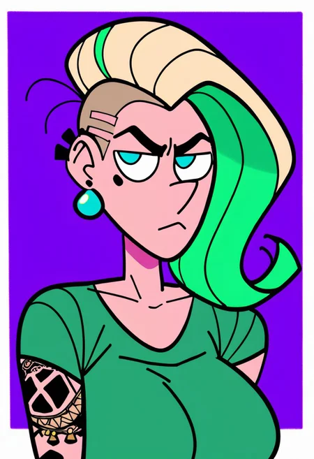 score_9, score_8_up, score_7_up, score_6_up, score_5_up, score_4_up, Wappah \(Artist\), @Wappah01,1girl, amber mccallahan \(Wappah)\, blonde hair, green highlights, blue empty eyes, green t-shirt, waist up, annoyed expression, purple background