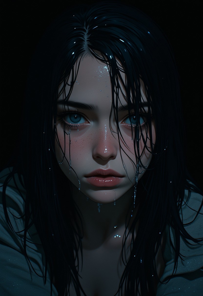 Niji_anime, Anime style ,A highly detailed anime-style portrait of a melancholic young woman with long, jet-black hair, drenched in water. Her piercing blue eyes stare intensely, reflecting sorrow and mystery. Water droplets cascade down her face, glistening under soft, diffused lighting. The atmosphere is somber yet hypnotic, with a deep, inky-black background contrasting against the pale, flushed tones of her skin. The lighting is cinematic, with subtle rim highlights accentuating the wet strands of her hair. A painterly texture brings an emotional rawness to the piece, emphasizing the realism of the water effects while maintaining a stylized anime aesthetic. The composition is a tight close-up, focusing on the intense emotional depth in her gaze and the intricate details of the water streaming from her lips and eyelashes.