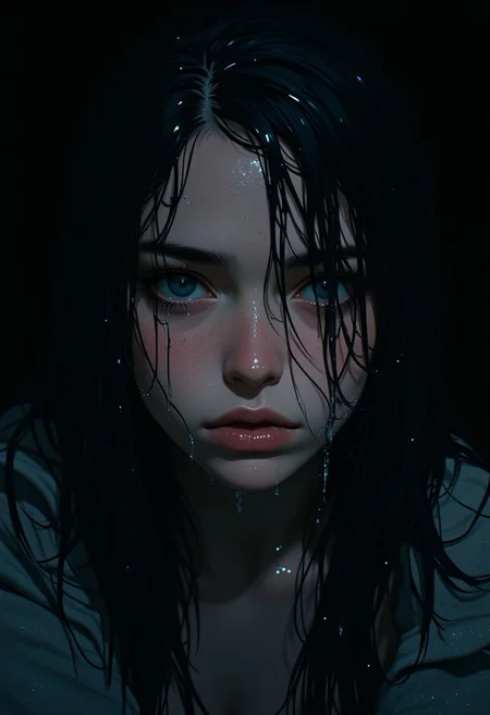 Niji_anime, Anime style ,A highly detailed anime-style portrait of a melancholic young woman with long, jet-black hair, drenched in water. Her piercing blue eyes stare intensely, reflecting sorrow and mystery. Water droplets cascade down her face, glistening under soft, diffused lighting. The atmosphere is somber yet hypnotic, with a deep, inky-black background contrasting against the pale, flushed tones of her skin. The lighting is cinematic, with subtle rim highlights accentuating the wet strands of her hair. A painterly texture brings an emotional rawness to the piece, emphasizing the realism of the water effects while maintaining a stylized anime aesthetic. The composition is a tight close-up, focusing on the intense emotional depth in her gaze and the intricate details of the water streaming from her lips and eyelashes.