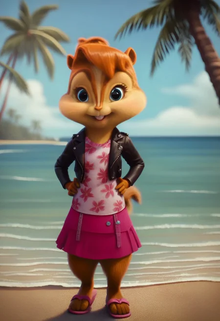 score_9, score_8_up, score_7, score_6, detailed background, beach, palm trees, ocean, brittany miller, chipmunk, furry, short ears, pink floral shirt, black leather jacket jacket, white mini skirt, sandals, standing, hands on hips, looking at viewer, front view, cute smile, 6 inches tall