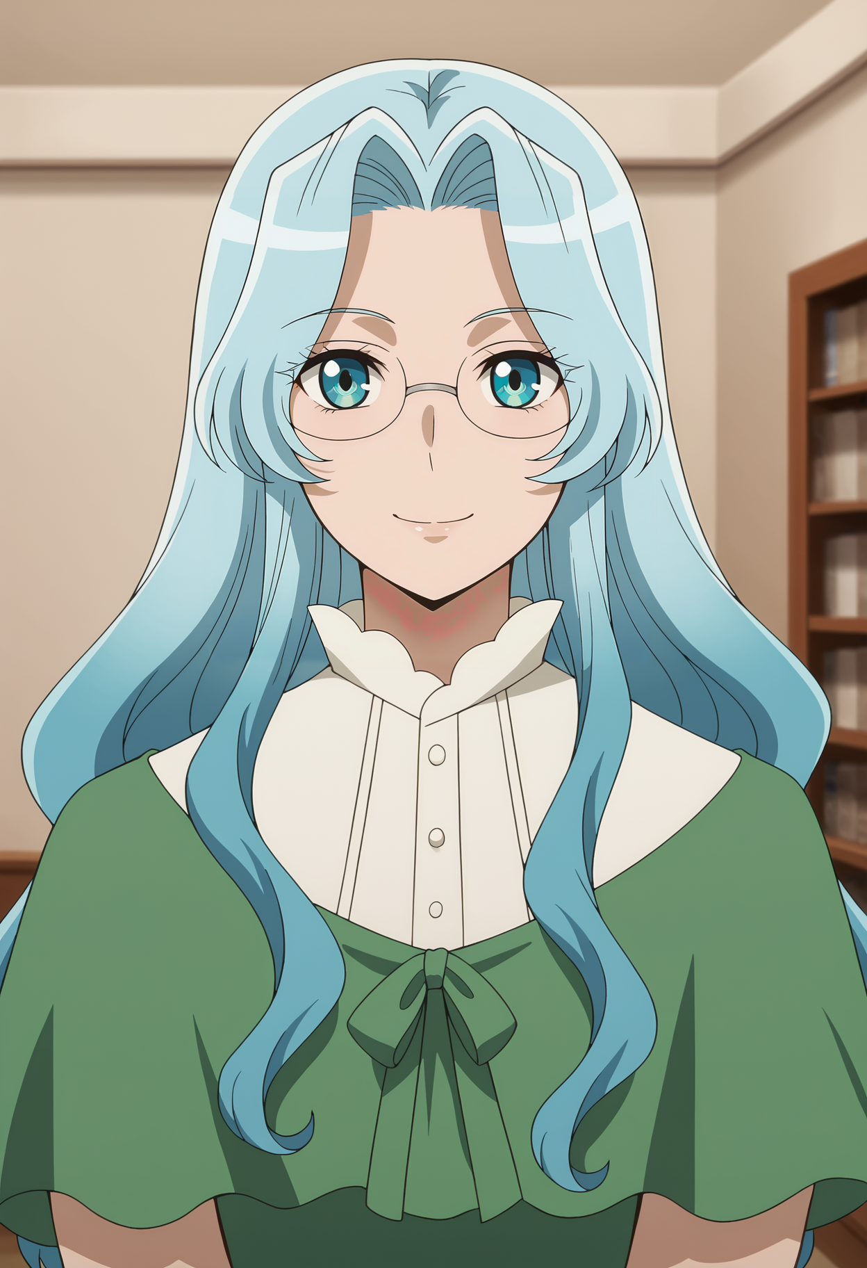 <lora:Eva_Aensland-Tsuki_ga_Michibiku_Isekai_Douchuu:0.8>,Eva,1girl,solo,blue hair,long hair,glasses,blue eyes,
dress,upper body, looking at viewer, indoors,smile
