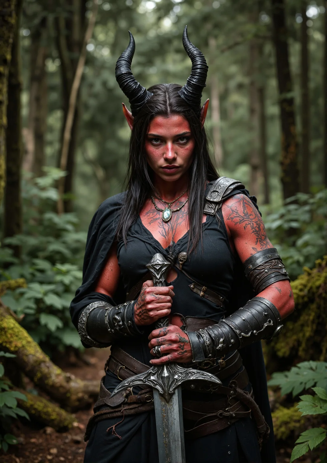 cinematic film still wide shot, far full frame , Portrait Photographshifty crimson red skinned older female muscular tiefling rogue with slick, coal-black hair and youthful, face with curled horns , center frame, standing proud with a big claymore sword in her hands , Hasselblad, looking at the camera, in a dark foreboding mossy fangorn forest , 4k, 8k, highly detailed, cinematic, 8k, magic lighting high detail, highly detailed, hyper realistic, intricate, intricate sharp details, 35mm photograph, film, bokeh, sunset, golden hour . shallow depth of field, vignette, highly detailed, high budget, bokeh, cinemascope, moody, epic, gorgeous, film grain, grainy