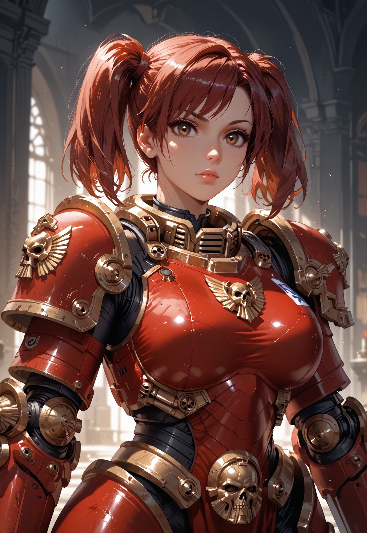 safe_pos, score_9, score_8_up,score_7_up <laura: expressive_n:1>, expressive_n, expressive eyes, beautiful, thoughtful background, perfect eyes, expressive, 1 girl, visual novel character, sexy 20-year-old girl, solo,<laura: AlicePonyV1_close:0.8>, mi(short hair, red hair, two ponytails, shoulder-length ponytails, brown eyes, big breasts,), 1 girl, solo, brown eyes, <lora:UltraM40k:0.8> UltraM40k, power armor, weapons, sword, unreal eginer 5, higher resolution textures, 4k graphics resolution, dim lighting, high detail hatching, video games, holding a sword