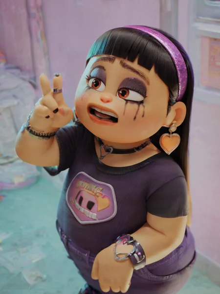 <lora:Abby_Park:0.9> a_p, 1girl, plump, long black hair, fringe hair, brown eyes, hairband, heart earrings,       goth outfit, goth makeup,, score_9, score_8_up, score_7_up,