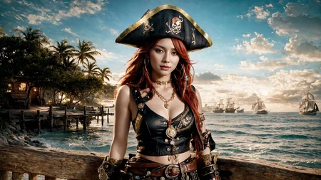 (young redhead pirate woman), (portrait), sharp focus, (ultradetailed), (standing), (happy) smile, pirate (ship galleon:1.2, hoop earrings, gold medallion, Pewterpirate clothes, pirate hat, hips, (pirate parrot:1.2), pirate (village), leafy beach coast, (treasure chest with coins, gems and jewels:1.2), rum barrel, best quality masterpiece, bright sunny sky, backlight, natural lights, high contrast, hdr, shadows, pretty, beautiful, feminine, sexy, adorable, lovely, in love, (PirateDiffusionprt:0.5), <lora:Pirate:0.3> PrateT <lora:PirateRealms:0.3> <lora:Detail Tweaker LoRA add_detail:0.8> <lora:depth_of_field_slider_v1:5> <lora:SDXLrender_v2.0:0.9>
