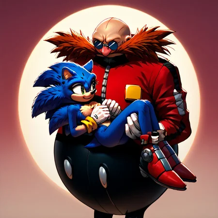 ((Eggman carrying Sonic the Hedgehog)), ((HMOAF)), score_9, score_8_up, full body, high quality, size difference, princess carry, ((Eggman carrying Sonic)), detailed, highly detailed, romantic, cute, detailed human face
((Dr Eggman)), Eggman, 1boy, gloves, glasses, white gloves, facial hair, round eyewear, mustache, bald head, red military jacket, tall male
((short female furry blue hedgehog)), 1girl, (female Sonic), Sonic_the_Hedgehog, blue fur quills, green eyes, featureless chest, detailed fur, white gloves, (small sonic)