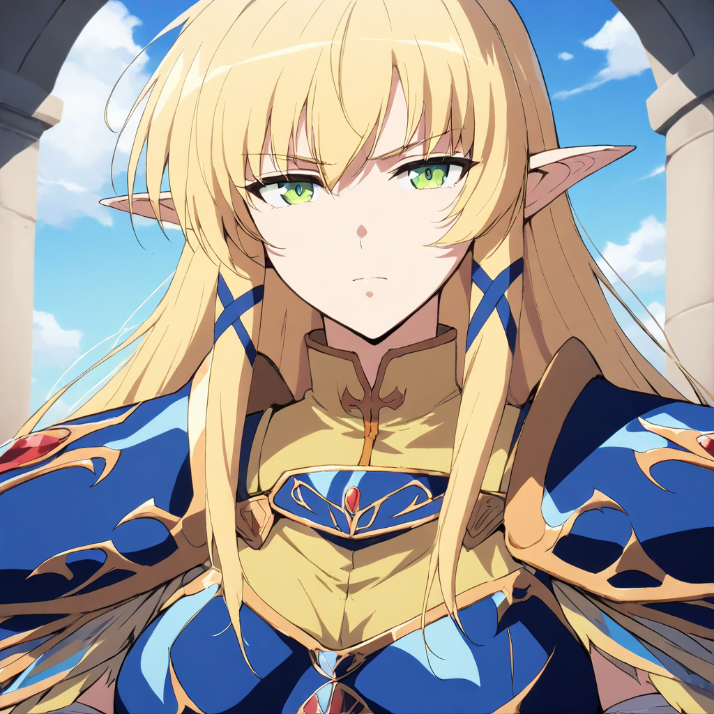 (masterpiece,high score,great score,absurdres),looking at viewer,1girl,solo,upper_body,portrait,armor,<lora:Angelica ag4o v1:1> angelica, blonde hair, pointy ears, long hair, green eyes,
