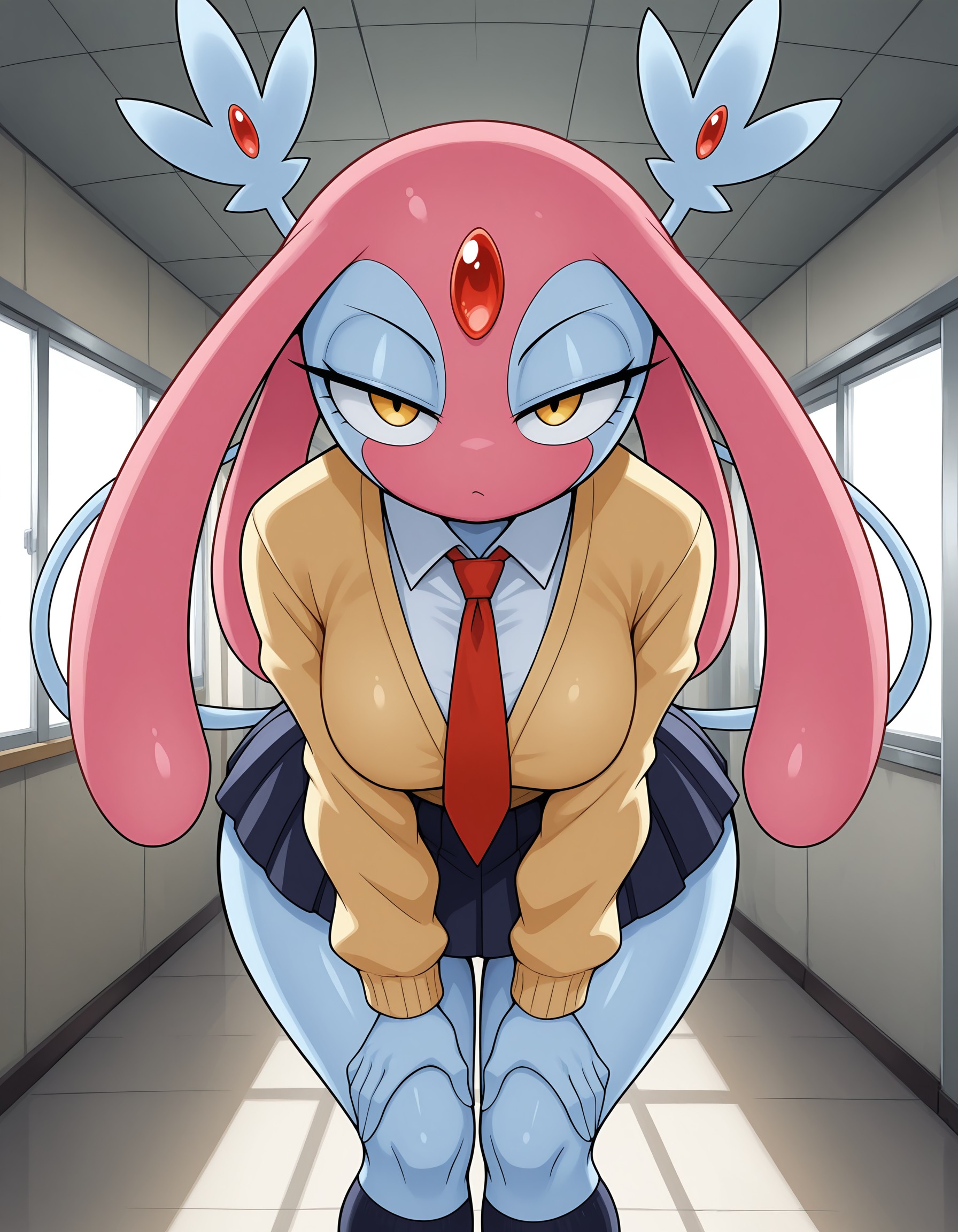 masterpiece, best quality, amazing quality, very detailed, newest, no humans, WnMsprt, 2 tails, multicolored skin, yellow eyes, blue skin, forehead gem, red gem, pokemon \(creature\), (solo), cinematic lighting, h1girl, bent over, leaning forward, pleated skirt, uniform, cardigan, (necktie), shirt, skirt, socks, thigh high socks, perfect hands, (college, university), wide hips, mature, eyelashes, hands on knees, half-closed eyes, seductive, standing, looking at viewer, pov, straight on, dynamic pose, dynamic angle, school hallway, , <lora:25f33656-fa2a-4e2a-afd6-c3d20924c77c:0.9>