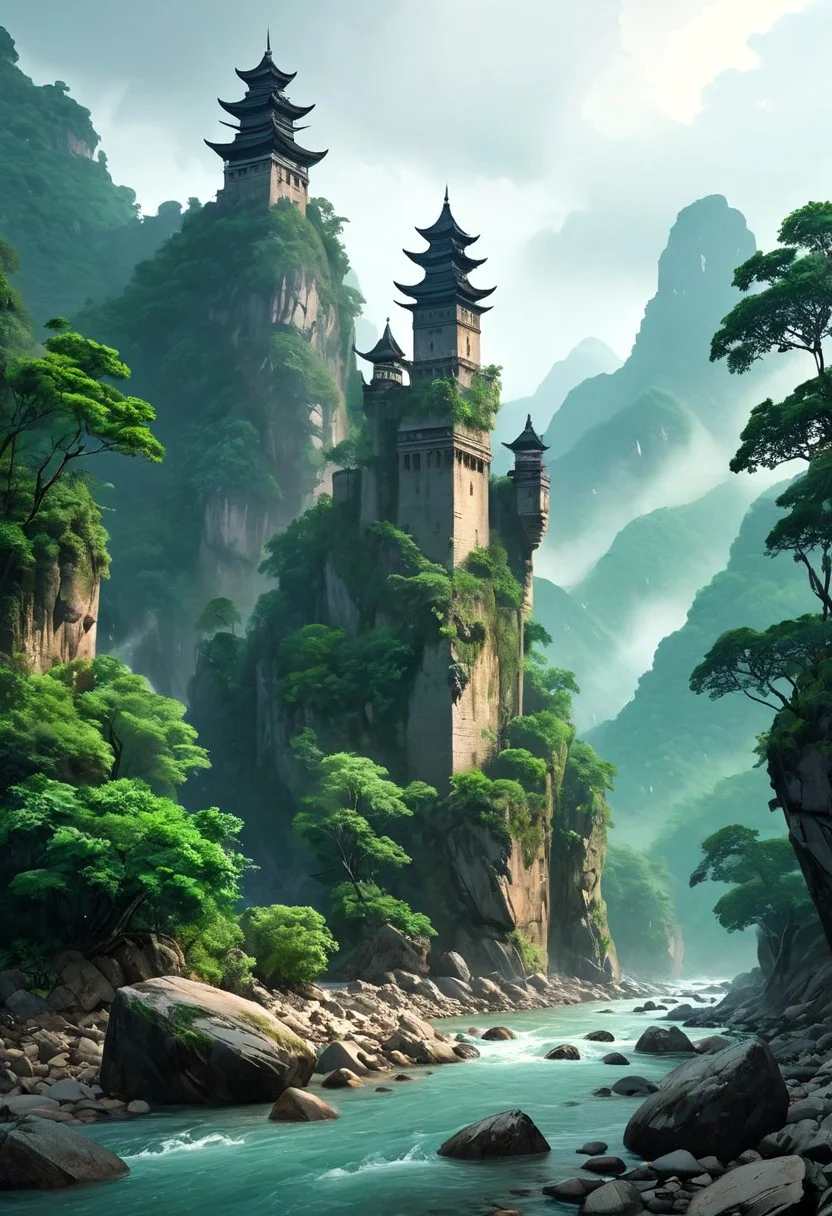 masterpiece, UHD, 16k, high res, high detailed,
a ridge of rocks along a forest river, on the rocks are the remains of ancient fortress towers, the banks of the mountain river are overgrown with low sparse forest,humid tropical forest, raining, not oriental style,
epic, soft colors, Style-Volumetric