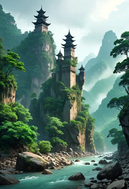 masterpiece, UHD, 16k, high res, high detailed,
a ridge of rocks along a forest river, on the rocks are the remains of ancient fortress towers, the banks of the mountain river are overgrown with low sparse forest,humid tropical forest, raining, not oriental style,
epic, soft colors, Style-Volumetric
