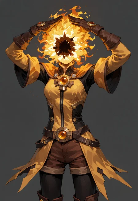 score_9, score_8_up, score_7_up, solo,
lord_of_frenzy, fire head,
mad,
novakin, faceless, no eyes, no mouth, no nose, no facial features, short fiery yellow orange hair, body made of black plasma,
open hands, hands on face front,
hands on own head,
upside-down, backflip,
magical girl outfit, (steampunk dress:1.1), boots, (brown shorts:1.1), black tights, medium breasts, belt, gloves,
simple background, grey background,