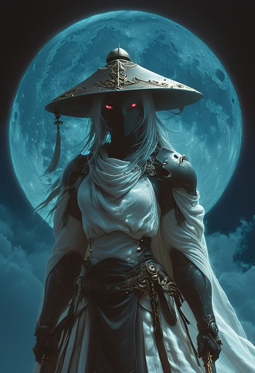 By KentarM Miura, Ethereal colorful sss - surreal scene of the night, with a nearly clear sky adorned with twinklings, colossal cosmic linen veil draping over the moon, resembling a sss sheet gently covering it, resembling a busty Cyborg Samurai with large sedge hat and with the moon AS their head, allowing glimpses of the moon's radiant glow to peek through in patches Like eyes, illuminated from within, swinging the katana Like a skilled Martial arts dancer, Curved Sword Slash, Moon in Background is a beast, 
masterpiece, intricate details, maximum resolution, hyper detailed, 
cinematic composition, soft shadows, atmospheric haze, Film grain, cinematic film still, shallow depth of field, highly detailed, high budget, cinemascope, moody, epic, OverallDetail, 2000s vintage RAW photo, photorealistic, candid camera, color graded cinematic, atmospheric lighting, imperfections, natural, shallow dof
