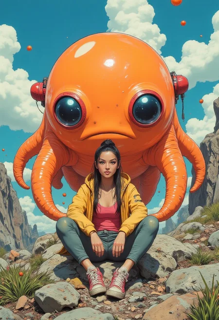 painting, ff-comic.
oona sitting on a rocky outcrop. Long dark hair tied back, dressed in a yellow jacket over a pink top and green pants, and she wears red sneakers. In the background is a colossal, orange, luminescent blob creature with large, round, glossy, black eyes. The sky is dotted with fluffy white clouds.
