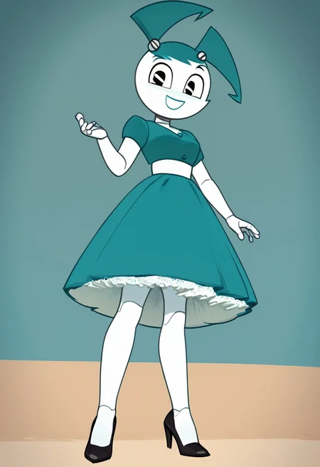 (Masterpiece, best quality:1.2), score_9, score_8_up, flat color, flat shading, soft shading, lighting, Jenny Wakeman as an adult, in a 1950's full length formal blue skirt, a white belt, button down v-neck formal black top, a fluffy frilly ruffled full white petticoat, and black high heels, dress, layered petticoat, frilly petticoat, fluffy petticoat, full petticoat, detailed petticoat ((wide skirt, detailed outfit, flowing skirt, long skirt, solid blue colored skirt, black high heels)), blue hair, series accurate, cute, best high quality, high res, robot, humanoid robot, medium breasts, whole body shot, 1girl, ((solo, outdoors, looking at you, low angle)), cute, seductive, seductive smile, half lidded eyes, low angle shot, cartoon, cartoon style, vector, solo, circle dress, 1950s, whisperfoot_style, dance dress jenny, jenny wakeman, 1girl, solo, robot joints, black eyes, white skin, ponytail, hair bow, blue rose chest corsage, poofy dress, blue hair, flat lighting