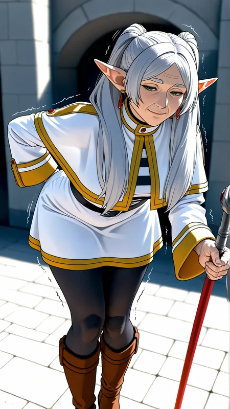 (masterpiece, best quality), safe, amazing quality, 2024, very aesthetic, absurdres, highres, newest, HDR, 8K, high detail RAW color art, large pupil, eyelashes, wide shot, 
ffrieren \(sousou no frieren\),   light smile, 
pointy ears, twintails, long hair, white hair, short eyebrows, eyebrows visible through hair, bangs, parted bangs, red earrings, red jewelry, flat breasts, 
white short dress, long sleeves, wide sleeves, white capelet, black belt, shiny, black pantyhose, brown knee boots, 
trembling, holding rod, arm behind back, leaning forward, standing, 
 <lora:StS_Age_Slider_Illustrious_v1_Scaled:2>
short,  petite,