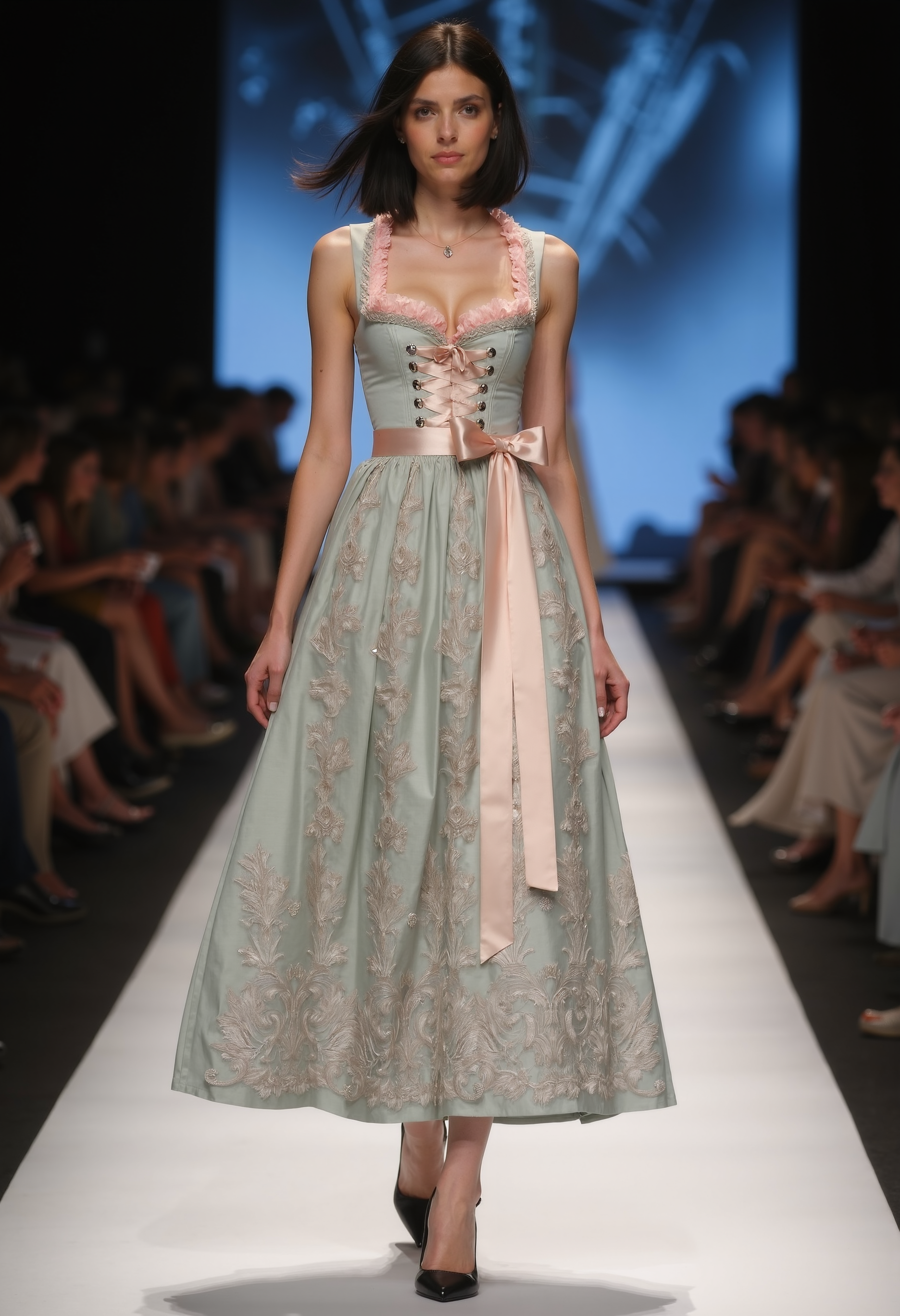 clo032, full body shot, beautiful young woman wearing A traditional dirndl dress in pale sage green with intricate floral lace embroidery on the skirt, a sleevless corset-style bodice with metallic hooks and a pink satin ribbon lace-up, finished with a pink ruffle neckline and sash bow. black high heels. walking on a catwalk, spotlight at her, black short hair