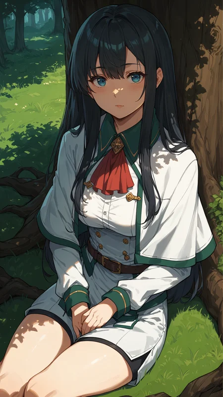 ADDCOMM score_9,score_8_up,score_7_up,score_6_up, source_anime, zPDXL3, <lora:xl_more_art-full_v1:0.5>, girl, <lora:Suzune Inukami - Pony-000004:0.8>, long hair, black hair, bangs, blue eyes, white shirt, long sleeves, green trim, (white capelet), white shorts, black legwear, red ascot, resting under a tree, shade of a tree, forest, outdoors,