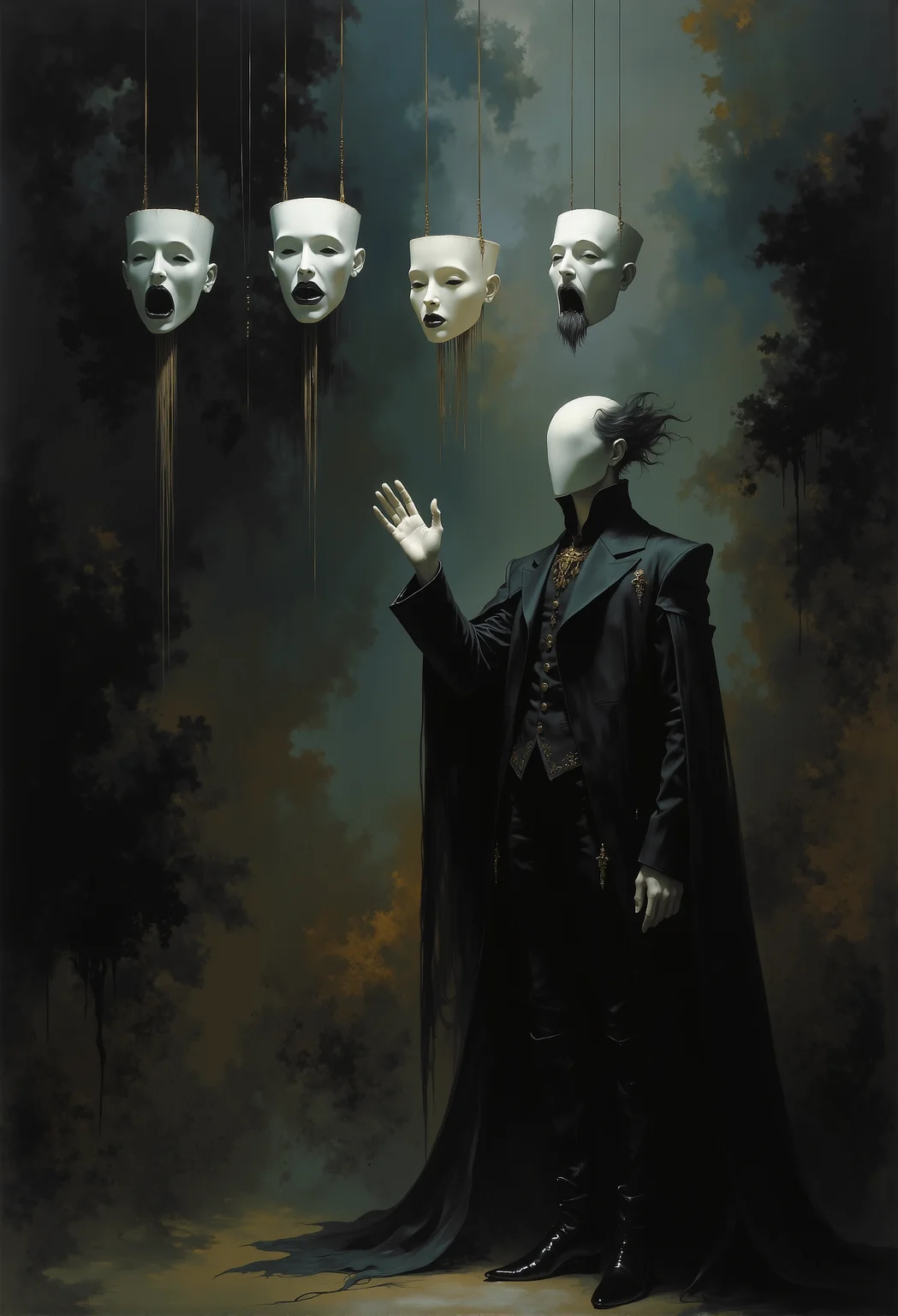 A surreal scene in a dark, minimalist setting. A faceless figure stands in a suit, looking formal and mysterious, with no visible facial features on its smooth, blank head. The figureâs hand is raised delicately, reaching toward a row of four floating, white theatrical masks hanging from thin strings. Each mask displays a different emotion, from joy to sadness, conveying a range of human expressions. The background is shadowed and mostly featureless, emphasizing the contrast between the light on the masks and the figureâs dark attire. Soft, ambient lighting streams in from the left, creating a sense of quiet introspection and mystery, with a slight glow highlighting the subtle details in the masks and the suit. <lora:Elden_Ring_-_Yoshitaka_Amano.safetensors:1.0>, <lora:Ethereal Grace - s1 g4.safetensors:0.7>,