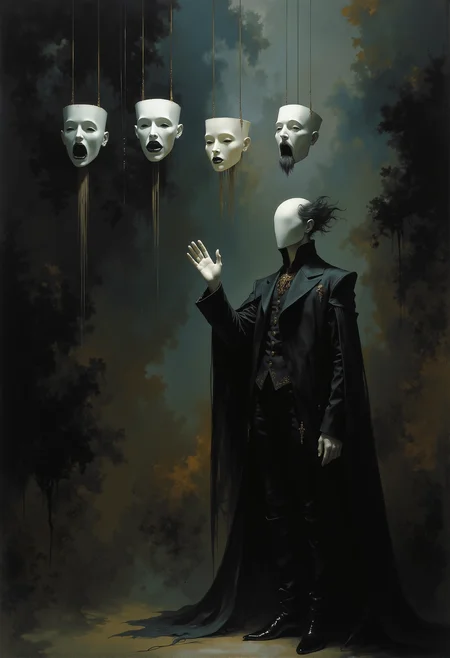 A surreal scene in a dark, minimalist setting. A faceless figure stands in a suit, looking formal and mysterious, with no visible facial features on its smooth, blank head. The figureâs hand is raised delicately, reaching toward a row of four floating, white theatrical masks hanging from thin strings. Each mask displays a different emotion, from joy to sadness, conveying a range of human expressions. The background is shadowed and mostly featureless, emphasizing the contrast between the light on the masks and the figureâs dark attire. Soft, ambient lighting streams in from the left, creating a sense of quiet introspection and mystery, with a slight glow highlighting the subtle details in the masks and the suit. <lora:Elden_Ring_-_Yoshitaka_Amano.safetensors:1.0>, <lora:Ethereal Grace - s1 g4.safetensors:0.7>,