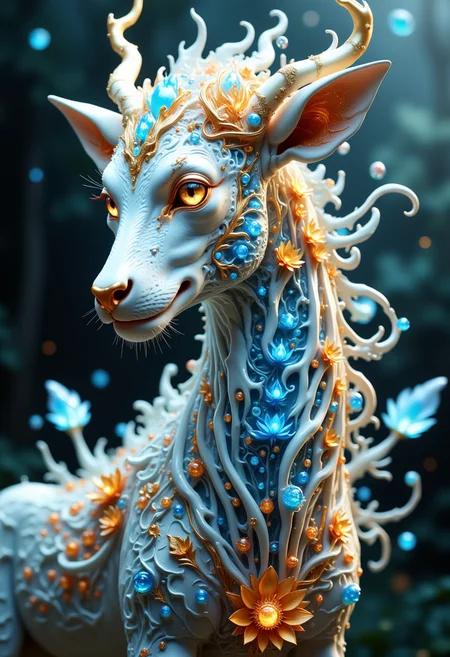 This is a highly detailed, digital artwork featuring a fantastical, hybrid creature that appears to be a cross between a deer and a mythical creature, with a stylized, ornate design. The creature's head and neck are adorned with intricate, swirling patterns and decorations that resemble a fusion of organic and mechanical elements. Its fur is a pale, almost ethereal white, covered in intricate, glowing gold and blue designs that resemble a mix of flowers, leaves, and mechanical components.
