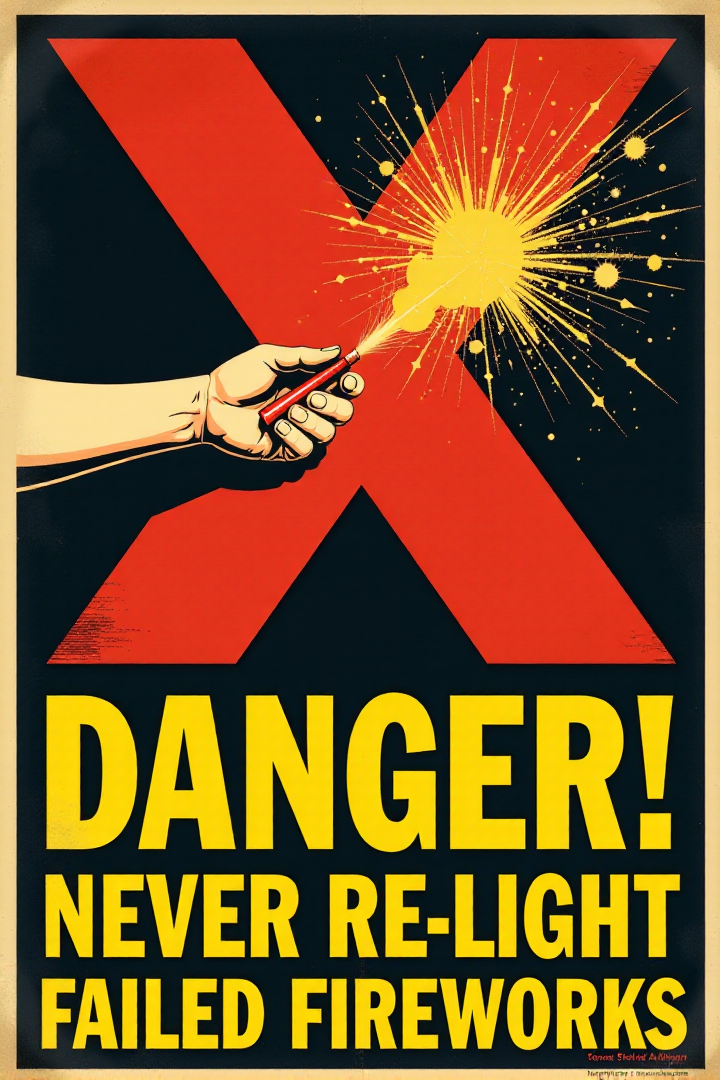 A stark, graphic vintage safety poster in shades of red, yellow, and black. It shows a hand reaching out to pick up a smoking, unexploded firework. A large, bold red "X" is superimposed over the firework. Below, in clear, blocky yellow letters: "DANGER! NEVER Re-light Failed Fireworks." Emphasize the immediate danger and the clear warning message.  <lora:REMEs_War_Poster_Style:0.95> In REME's War Poster Style,âââ