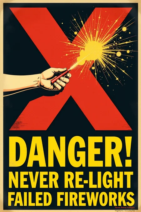 A stark, graphic vintage safety poster in shades of red, yellow, and black. It shows a hand reaching out to pick up a smoking, unexploded firework. A large, bold red "X" is superimposed over the firework. Below, in clear, blocky yellow letters: "DANGER! NEVER Re-light Failed Fireworks." Emphasize the immediate danger and the clear warning message.  <lora:REMEs_War_Poster_Style:0.95> In REME's War Poster Style,âââ