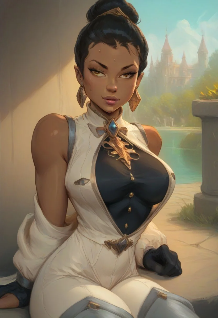 (score_9, score_8_up, score_7_up), score_6_up, best quality, masterpiece, extreme detail, perfect lighting, 4k, 2d, rating_explicit, nsfw, very detailed, best quality, highly detailed texture, depth of field, masterpiece, BREAK, 1girl, ChelXLP, chel, majestic,beautiful bright pupils, black hair, ((ponytail)),green earrings, cute face, (gorgeous face:1.3), (skin detail:1.3), (shadows:1.3), (sweat, steamy, oily, shiny:1.3), ((( long hair, large breasts,perfect body, thick thighs,
single hair bun,crisscross leather halter top,black shirt,
white coat, clothing cutout, shoulder cutout, long sleeves, black gloves, white pants, grey footwear, thigh boots,
fantasy, solo focus,epic, concept art, realistic, highly detailed, upper body, looking at viewer ))),dark skin, looking at the viewer, detailed, intricate details, realistic,((( top view))), tan skin,cowboy shot,csr style,g4n1m3,Sculpted grace
