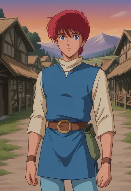 1boy, solo, adolysiova, red hair, short hair, blue eyes, shirt, long sleeves, high collar, tunic, belt, pants, wristbands, outdoors, village, standing, cowboy shot,